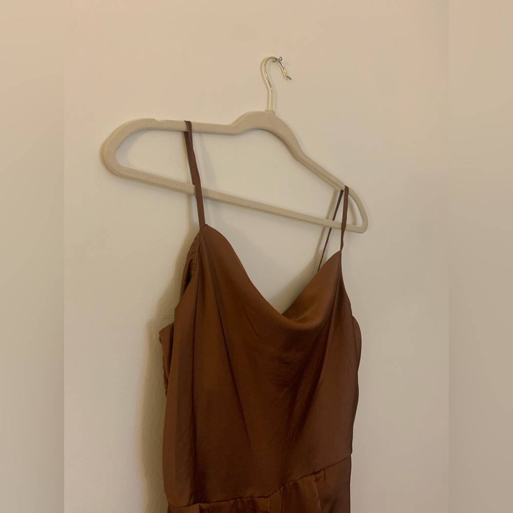 Sincerly Jules Bronze Floor-Length Satin Jumpsuit